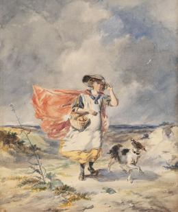 815.  PAUL FALCONER POOLE (Inglaterra, 1807- 1879)Niña con perro sobre un paisaje1836