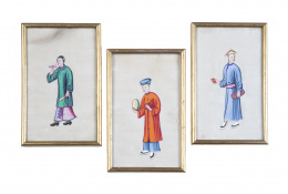 598.  Lote de tres papeles de arroz con personajes populares.China, S. XIX.