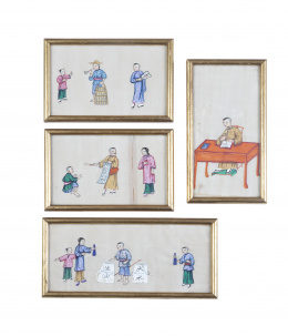 597.  Lote de cuatro papeles de arroz con personajes del mercado.China, S. XIX.