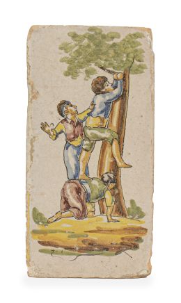 1334.  Azulejo de cerámica esmaltada con niños trepando a un árbol.Principios del S. XIX