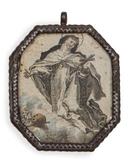 527.  Medalla devocional con marco octogonal de hierro con Cristo cruficiado y Santa Teresa de Jesús.España, S. XVIII.