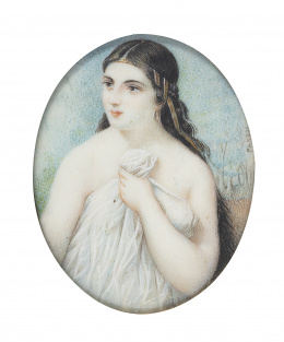 782.  PAREJA (Escuela española, siglo XIX)Retrato de dama sobre un paisaje