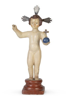685.  Niño Jesús como Salvador del Mundo.Imagen vestidera de barro cocido y policromado.España, S. XIX.