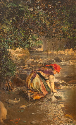 889.  SALVADOR MARTÍNEZ CUBELLS (Valencia, 1845-Madrid, 1914)Lavandera junto al río