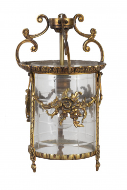 736.  Farol de techo circular de metal dorado y cristal.S. XX.