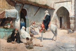 834.  JOSEP MORAGAS Y POMAR (Roma, Segunda mitad del siglo XIX)Conversando en el zoco