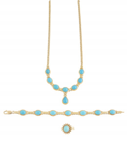 205.  Conjunto de collar, pulsera y sortija de turquesas