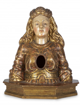 1076.  Santa.Busto-relicario de madera tallada, policromada y dorada.Trabajo castellano, S. XVI. 
