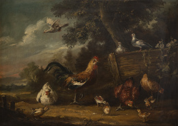843.  JOSÉ MARTORELL PUIGDOMENECH (Escuela española, siglo XIX-XX)Pareja de paisajes con gallinas