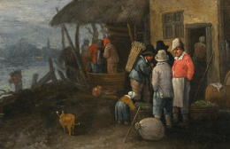 793.  THEOBALD MICHAUD (1676-1765) ?Vista de un paisaje con vendimiadores a orillas de una cabaña