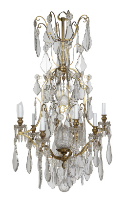 631.  Lámpara de bronce dorado y cristal de estilo Luis XIV de ocho brazos de luz.La Granja?, S. XX.