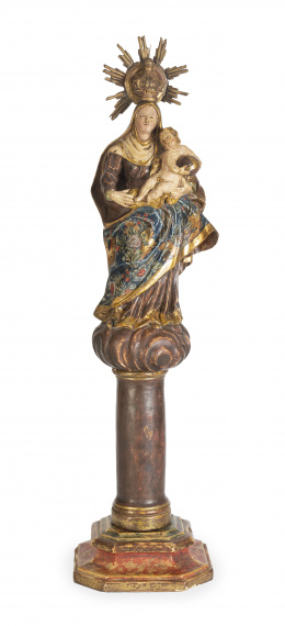 1090.  Virgen del Pilar.Escultura de madera tallada, policromada y dorada.España, S. XVIII.