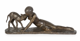 1288.  Ary Bitter (1883-1973)*.Joven con cordero. Escultura Art Decó de bronce. Firmada.Francia, primer tercio del S. XX. 