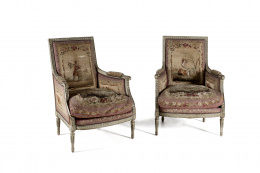 997.  Pareja de butacas de estilo Luis XVI, lacadas de gris, tapicería de Aubusson con escenas pastoriles.Trabajo francés, segunda mitad del S. XIX..