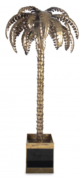 1308.  Lámpara de pie en forma de palmera de latón dorado de estilo "Regency Hollywood".Siguiendo diseño de Maison Jansen, S. XX. 