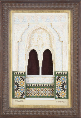 1118.  Reducción de Puerta de la Alhambra en yeso policromado. Firmada.F. Castro, Granada, pp. del S. XX.