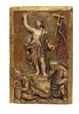 1143.  La Resurrección de Cristo.Tabla de madera tallada, policromada y dorada en relieve de medio bulto.España, S. XVI.