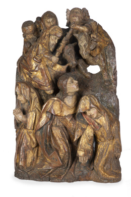 643.  San Juan sosteniendo a la Virgen y jinetes.Grupo escultórico en relieve en madera tallada, policromada y dorada.Escuela de Bravante, 1480 - 1500.