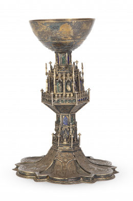 513.  Cáliz gótico de cobre y esmalte en verde y azul con copa posterior.S. XV.