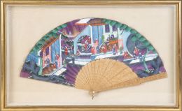 685.  Abanico pericón mil caras con padrones y varilla de madera de sándalo tallado.Cantón, segunda mitad del S. XIX.