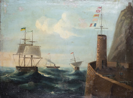 794.  ESCUELA CENTROEUROPEA, SIGLO XIXVista de un puerto marítimo con barcos