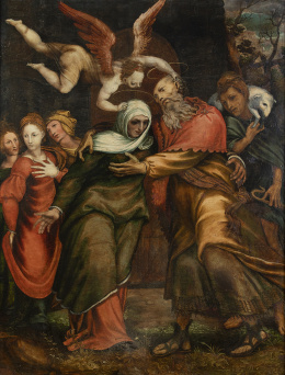 769.  CÍRCULO DE JUAN DE VILLOLDO (Escuela española, primera mitad del siglo XVI)Abrazo en la puerta doradaH. 1549