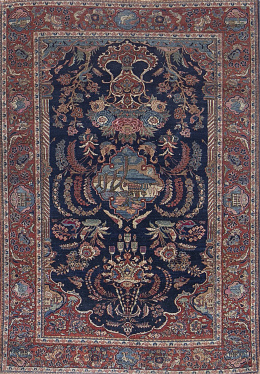 1155.  Alfombra en lana con campo azul y cenefa roja.Persia.