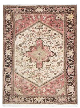 626.  Alfombra de campo beige con medallón central y cenefa marró