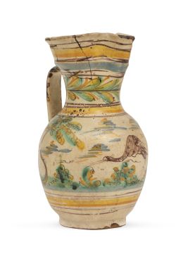 1180.  Jarro de cerámica esmaltada con ave.Talavera o Puente del Arzobispo, S. XVIII.