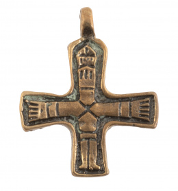 102.  Cruz colgante azteca antigua colgante, de bronce dorado con decoración en relieve
