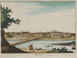 208.  ESCUELA FRANCESA, SIGLO XVIII“Vista de Madrid con leyenda señalando los principales monumentos y edificios” y “Vista de Madrid desde el Alcázar”.