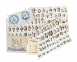 1326.  Siete dibujos preparatorios sobre papel pintados en aguada y acuarela de modelos de cerámica del Taller de Ruiz de Luna..