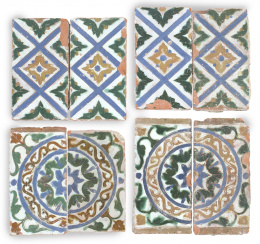 1022.  Juego de ocho azulejos de cerámica de arista con motivos geométricos y flores.Triana, S. XVI-XVII.