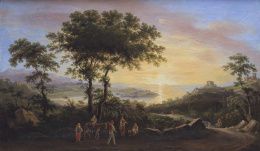 726.  GIUSEPPE GHERARDI (1788/90-1884)Vista de puerto con un paisaje en la Toscana al atardecer