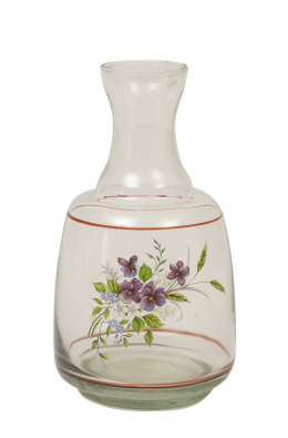 1267.  Botella de vidrio pintado con ramillete de violetas.pp. del S. XX.