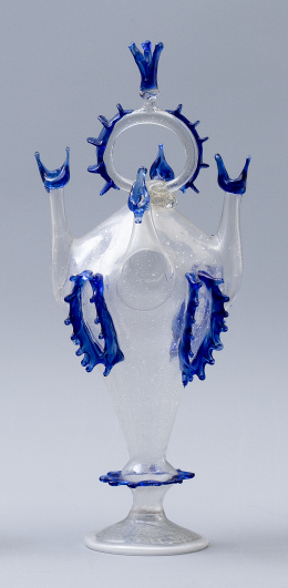 551.  Botijo en vidrio transparente y aplicaciones en azul.Cataluña, S. XVIII.
