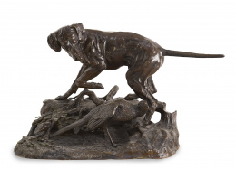 1210.  Jules Moigniez (1835 - 1894).Perro con presa.Escultura de bronce. Firmada.