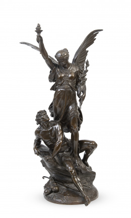 1208.  Émile Louis Picault (París, 1833 - 1915) Victoria y Joven.Escultura de bronce patinado. Firmado.