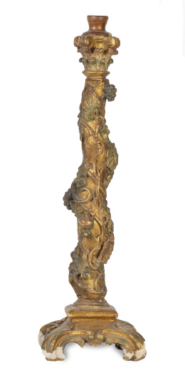 1030.  Columna salomónica de madera tallada, policromada y dorada. Transformada en lámpara.España, S. XVIII.