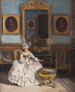 819.  JOSÉ DE MARTI GARCÉS DE MARCILLA (Lérida, 1880 - Barcelona, 1932)Dama leyendo en un interior