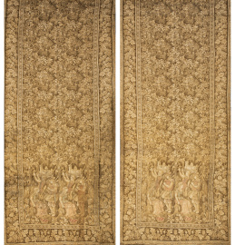 645.  Dos cortinas de tapicería mecánica con escena popular y vegetación.pp. del S. XX.