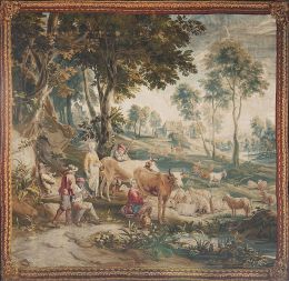 673.  "El rebaño y la mujer del granjero ordeñando una vaca".Tapiz en lana y seda, según Teniers.Taller de Urbanus y Daniel Leyniers, Bruselas (1729-1745).