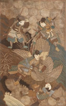 651.  Tapiz de lana, hilos de color e hilos dorados decorado con guerreros.Japón, S. XIX.