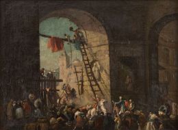 845.  ESCUELA ESPAÑOLA, H. 1830-1850Escena costumbristas con personajes a caballo al fondo el Palacio del Marqués de Santa Cruz, antigua cárcel de Madrid