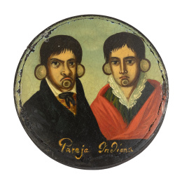 1308.  Caja de madera con tapa pintada con pareja indiana.Trabajo colonial, pp. del S. XIX.