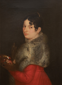 831.  ANTONIO POZA Y MUÑOZ (Fuenterrebollo, Segovia, 1783- Madrid, 1816)Retrato de una pintora de casi medio cuerpo con armiño y paleta de colores en la mano