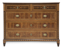 602.  Cómoda Carlos IV de madera de nogal, palosanto y limoncillo.Trabajo mallorquín, h. 1790.