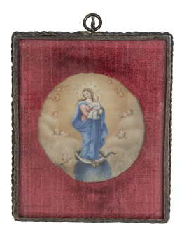 1095.  Virgen con el Niño con marco de plata. Con marcas.Madrid, 1779.