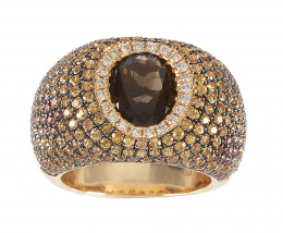 383.  Sortija ancha con pavé de citrinos amarillos y rojos, y centro de citrino fumée orlado de brillantes, en diseño a modo de turbante