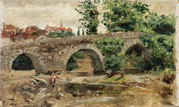 859.  JOSÉ MARÍA FLORIT ARIZCUN (Madrid, 1866-1924)Apunte de paisaje con puente en Fuentearcos